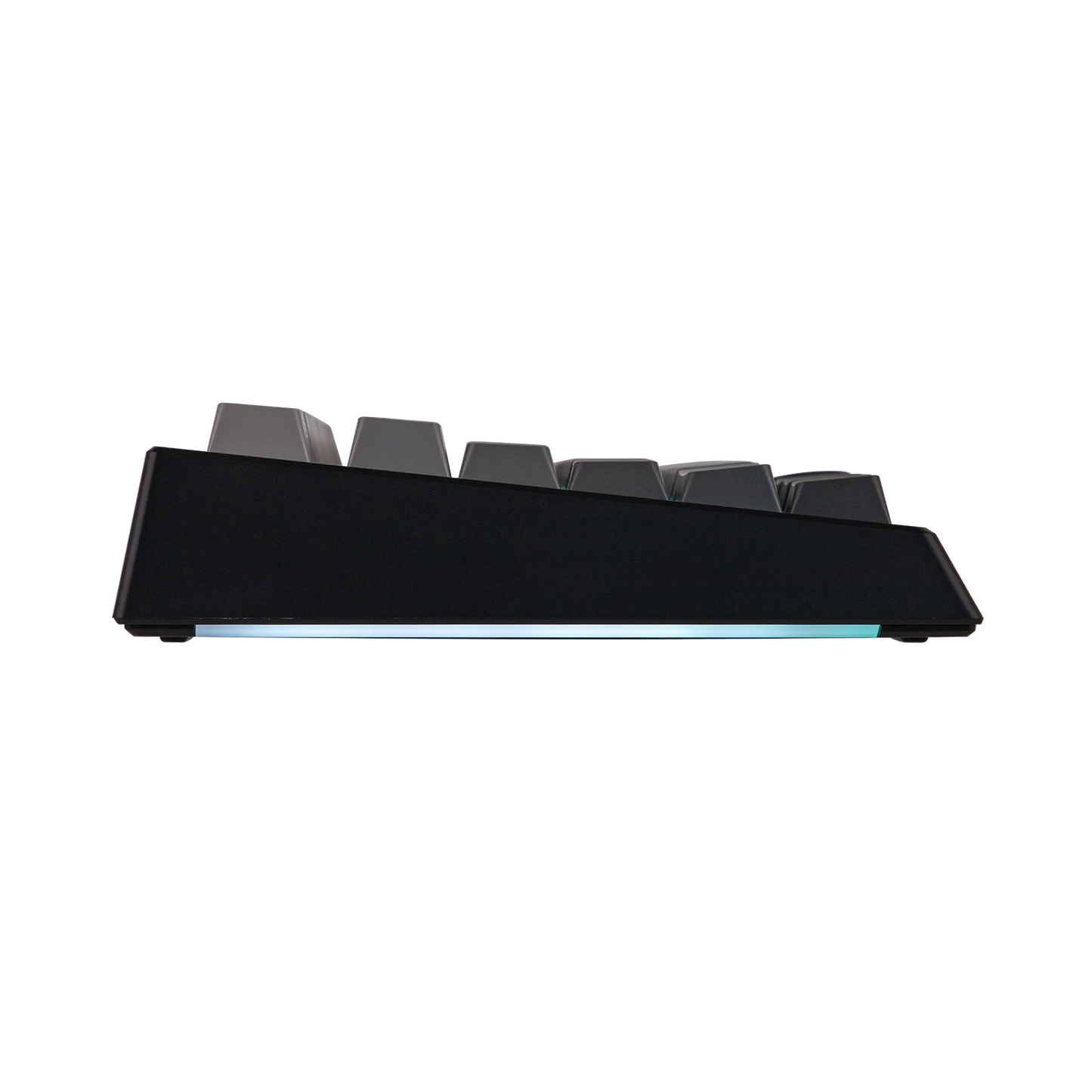 Perfil lateral del teclado mecánico MyKeyboard Epomaker G84 Pro con iluminación RGB inferior y teclas oscuras