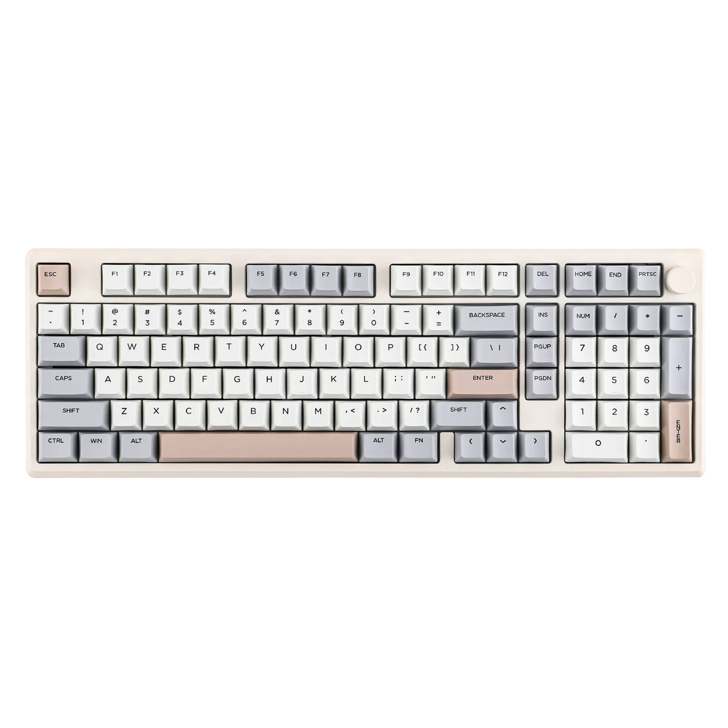 Teclado mecánico MyKeyboard Epomaker Galaxy 100 con cuerpo de aluminio, teclas PBT en tonos beige y gris con knob.