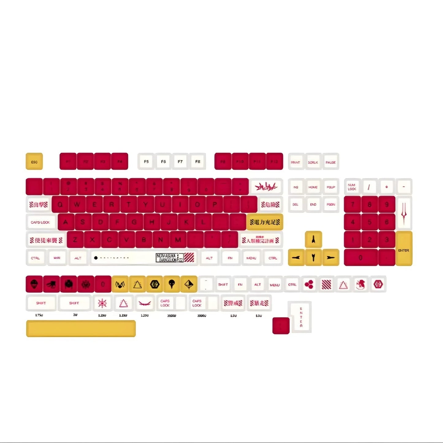 Set de 137 teclas MyKeyboard EVA 02 con perfil XDA, fabricadas en PBT con diseño temático rojo, blanco y amarillo.