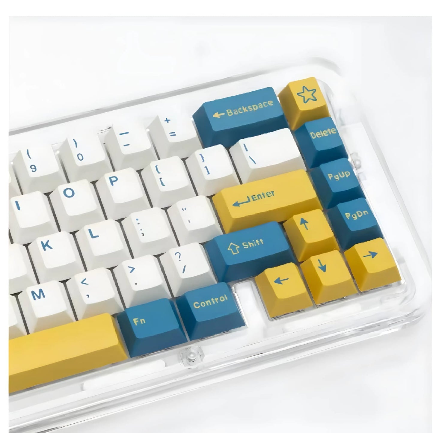 Set de keycaps MyKeyboard Merlin con perfil Cherry, fabricadas en PBT double shot, en colores blanco, amarillo y azul.