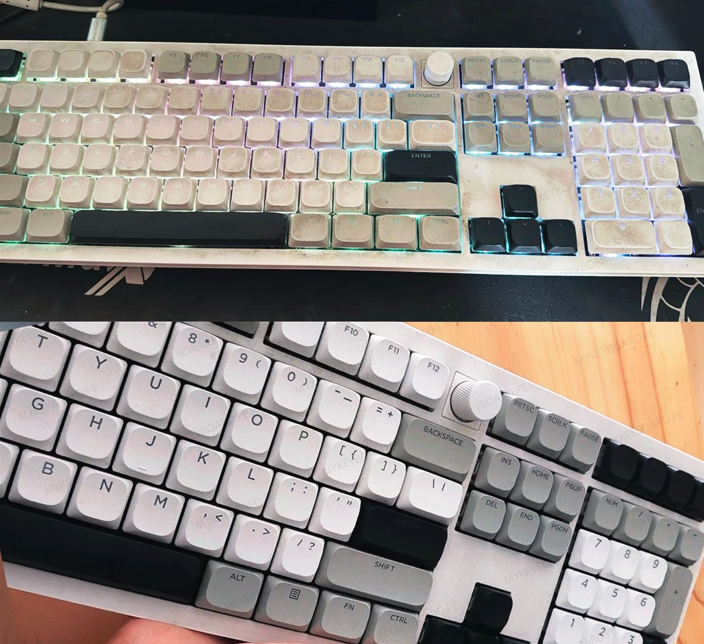 Comparativa de teclado mecánico MyKeyboard antes y después de una limpieza profesional de teclas y carcasa