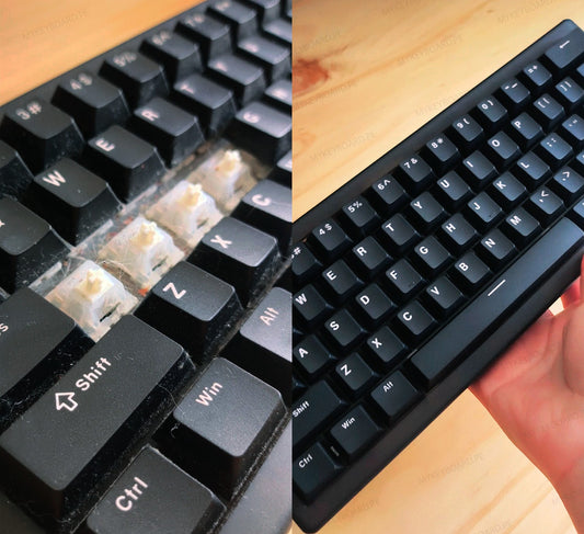 Servicio de limpieza profesional para teclados mecánicos MyKeyboard, mostrando el antes y después de teclas negras.