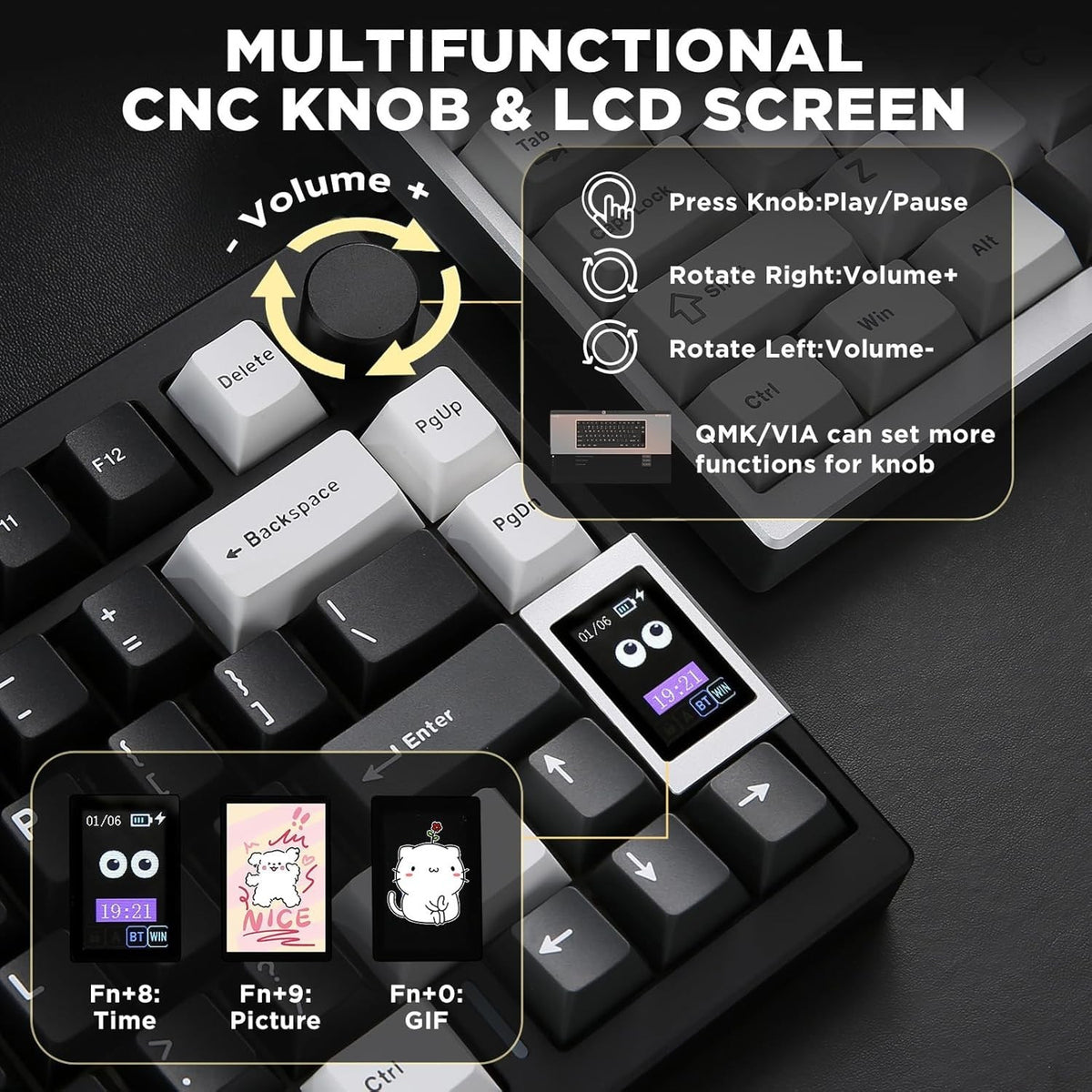 Teclado mecánico MyKeyboard YUNZII AL80 negro con pantalla LCD, perilla multifunción y teclas PBT de perfil Cherry