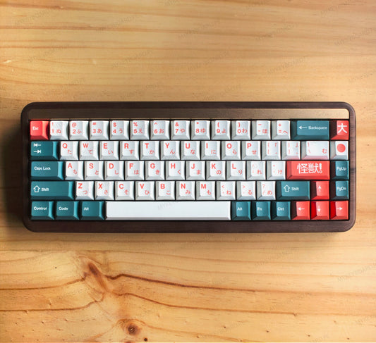 Teclado mecánico MyKeyboard Akko MU01 Kaiju con cuerpo de madera de nogal y teclas PBT perfil MOA en vista superior.