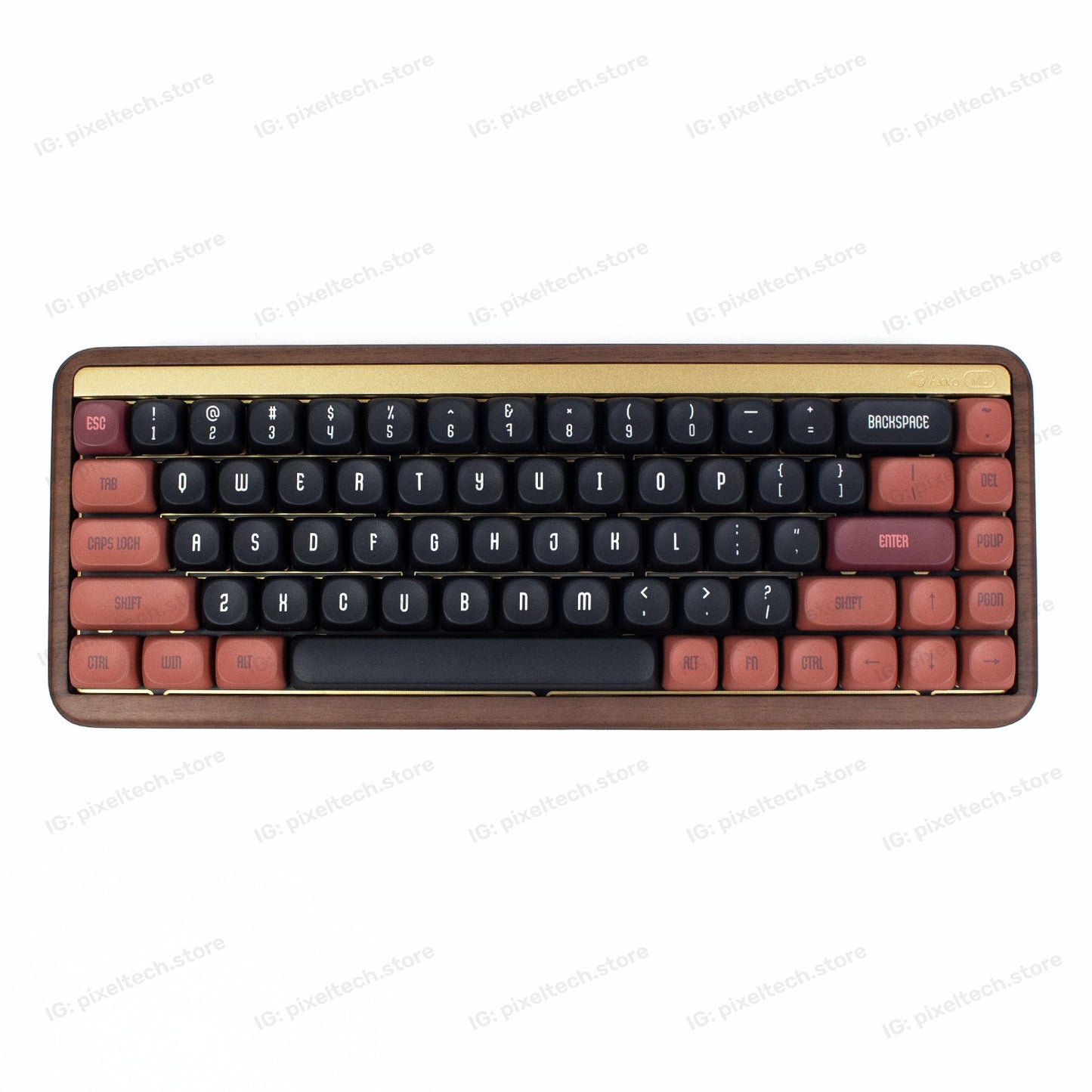 Teclado mecánico MyKeyboard AKKO MU01 formato 75% con carcasa de madera de nogal, teclas negras y rojas e iluminación RGB