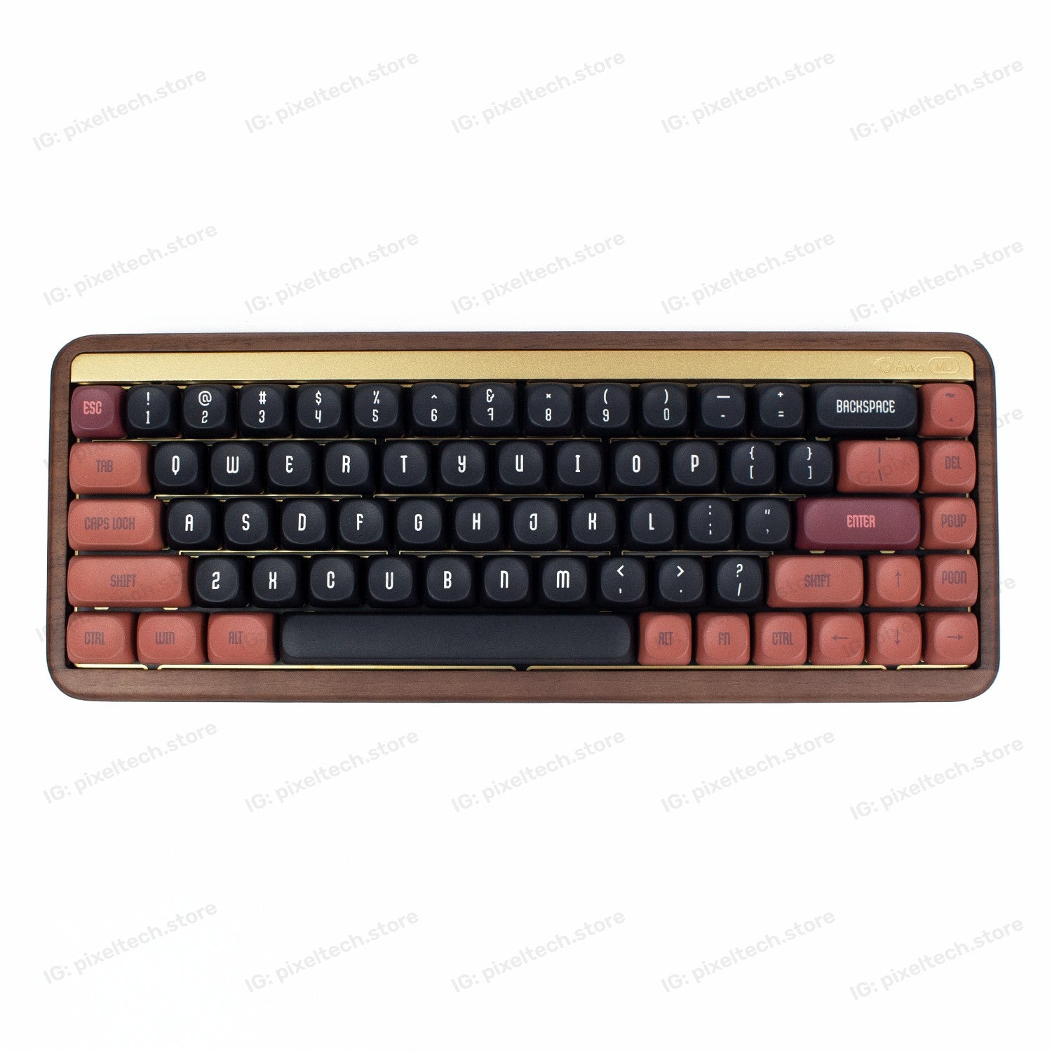 Teclado mecánico MyKeyboard AKKO MU01 formato 75% con carcasa de madera de nogal, teclas negras y rojas e iluminación RGB