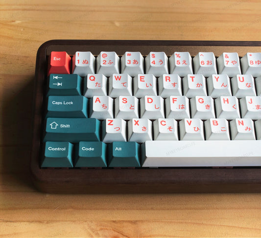 Teclado mecánico MyKeyboard AKKO MU01 Kaiju con carcasa de madera de nogal y teclas PBT perfil MOA en verde y blanco.