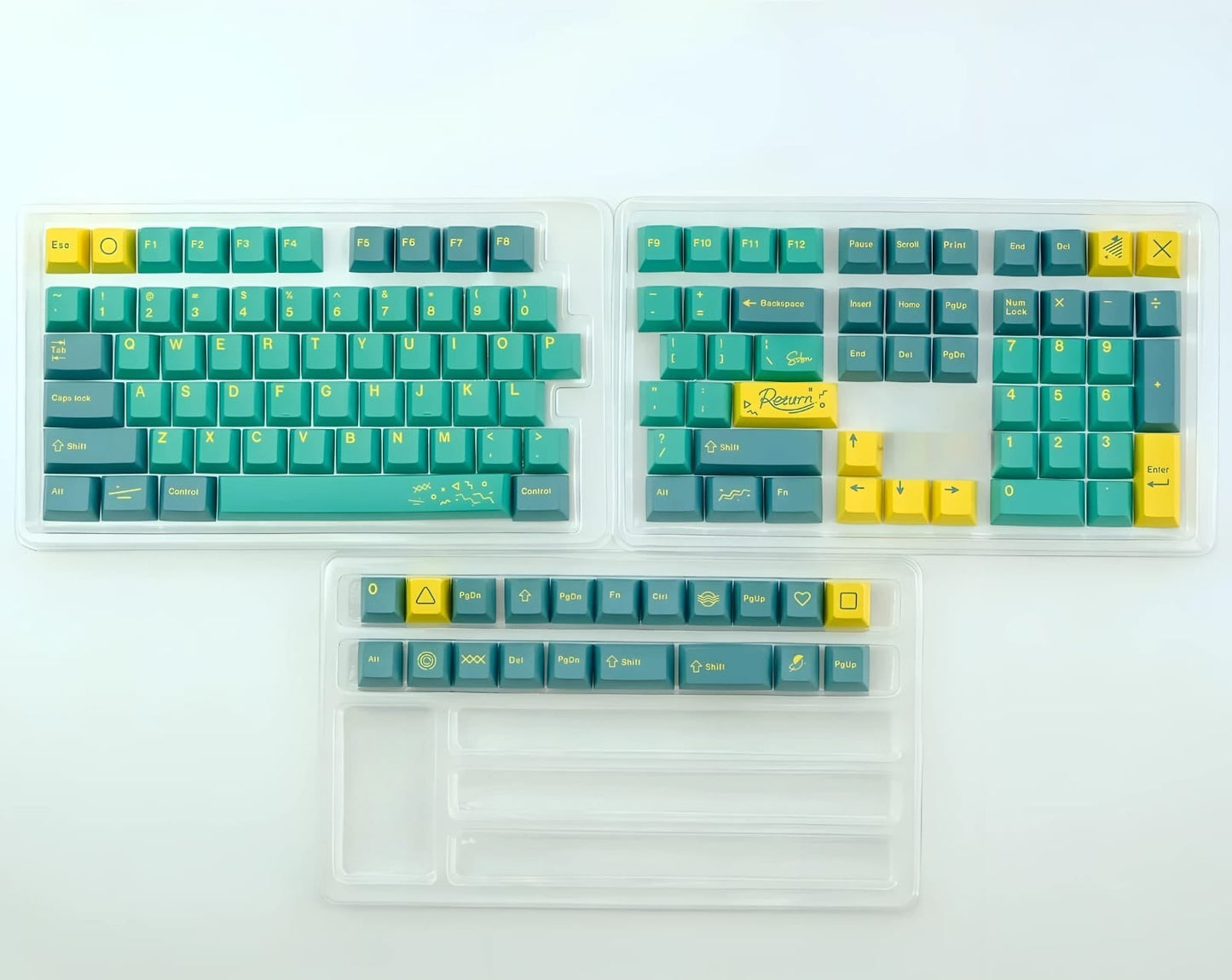 Set de 129 teclas MyKeyboard Baltic con perfil Cherry, fabricadas en PBT con sublimación térmica en tonos verde y amarillo