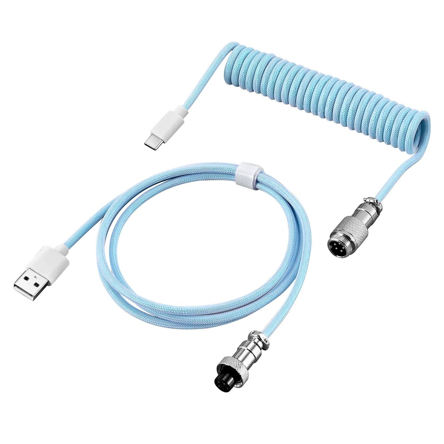 Cable MyKeyboard enrollado azul claro con trenzado de alta calidad, conector USB a USB-C y aviador metálico
