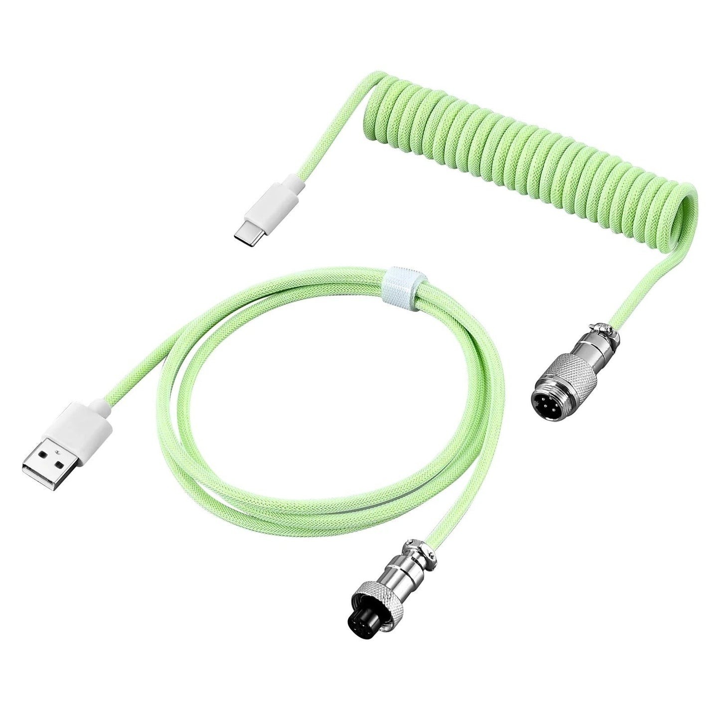 Cable MyKeyboard enrollado de color verde claro con acabado trenzado, conector USB a USB tipo C y aviador metálico.