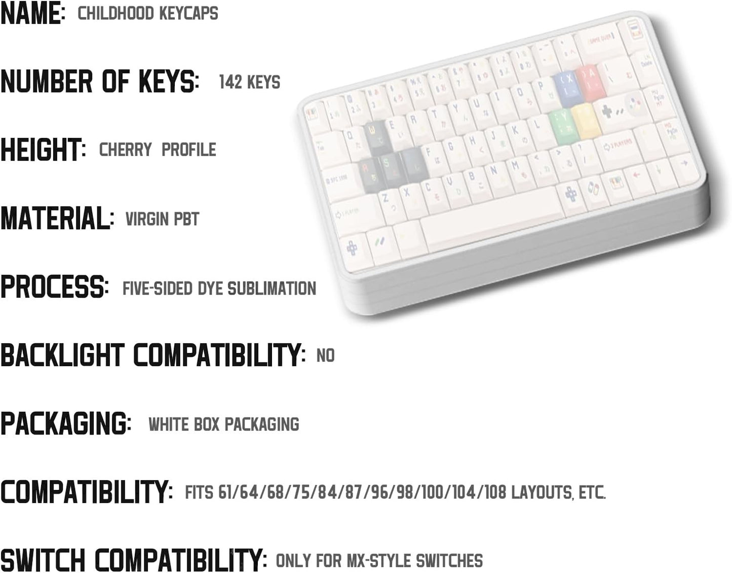 Set de 142 teclas MyKeyboard Childhood con perfil Cherry, fabricadas en PBT blanco con diseño de sublimación térmica