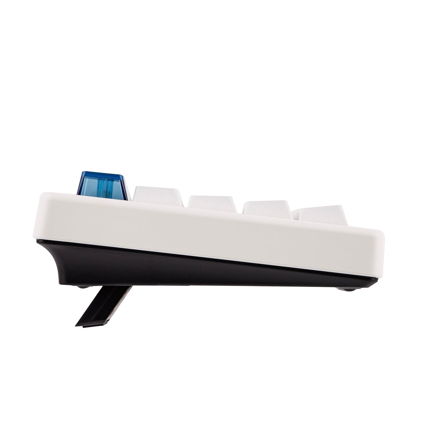Teclado mecánico MyKeyboard CIDOO QK61 V2 formato 60% con teclas blancas y switch azul en vista lateral