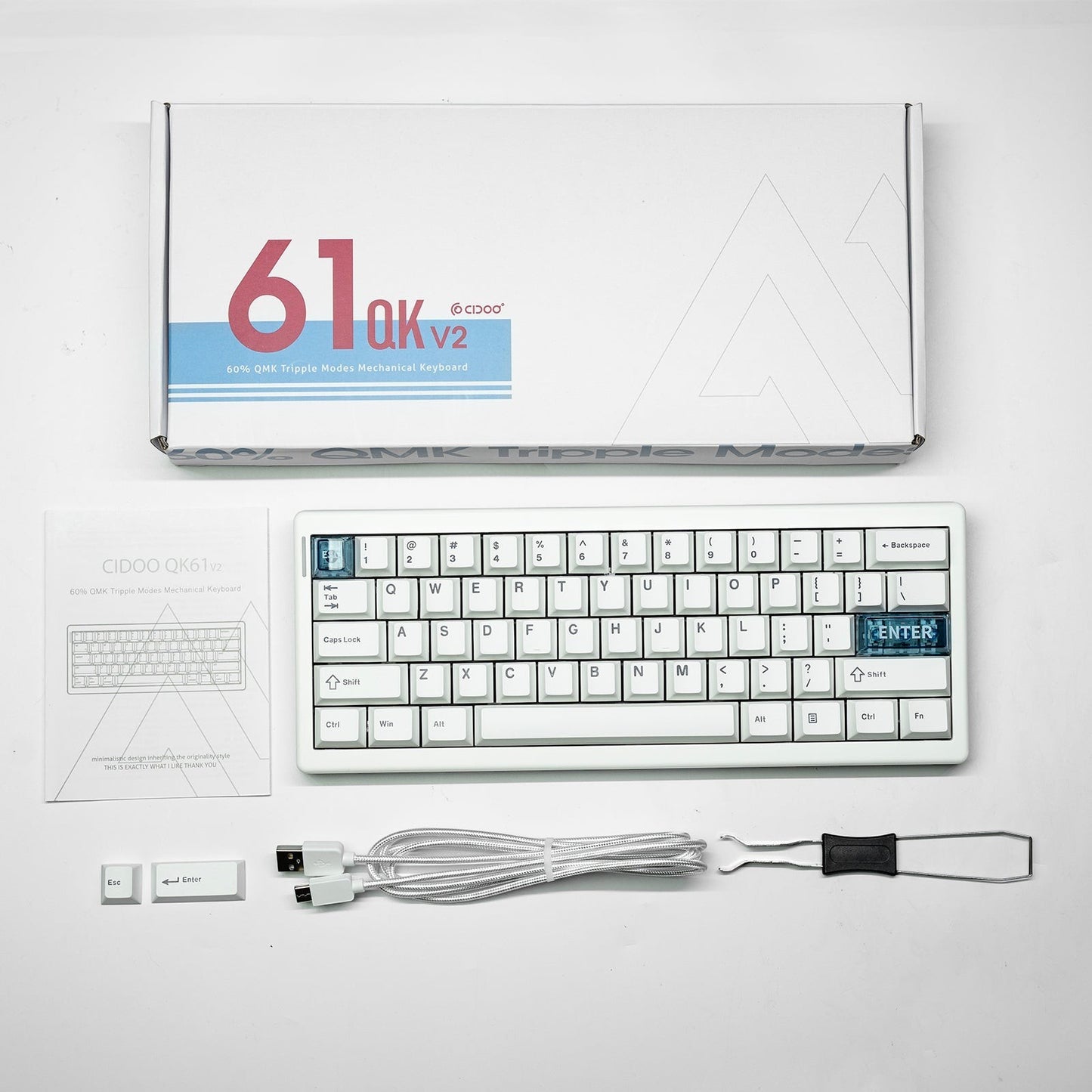Teclado mecánico MyKeyboard CIDOO QK61 V2 formato 60% blanco con teclas PBT, caja, cable y accesorios incluidos
