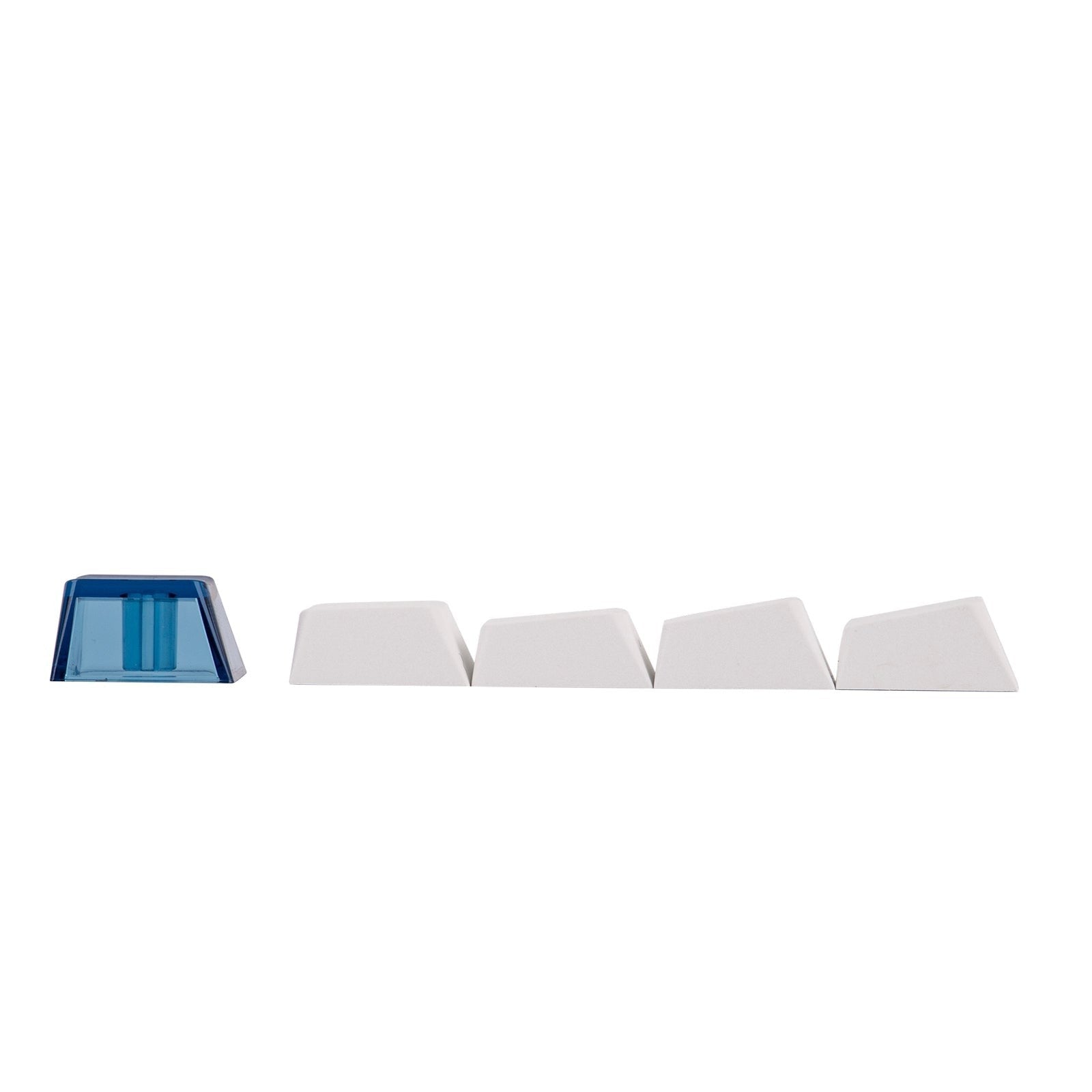 Teclas PBT MyKeyboard CIDOO QK61 V2, una azul translúcida y cuatro blancas, perfil ergonómico para teclado mecánico.