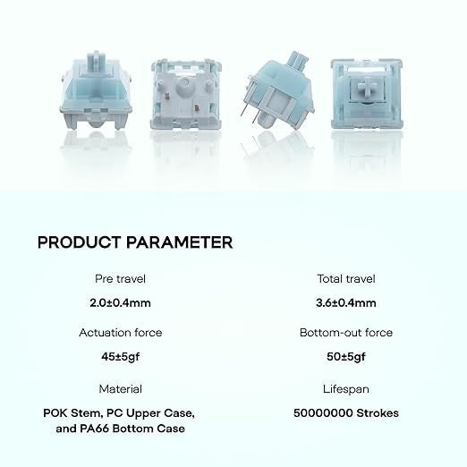 Switches lineales MyKeyboard EPOMAKER Creamy Jade de color azul claro con especificaciones técnicas detalladas