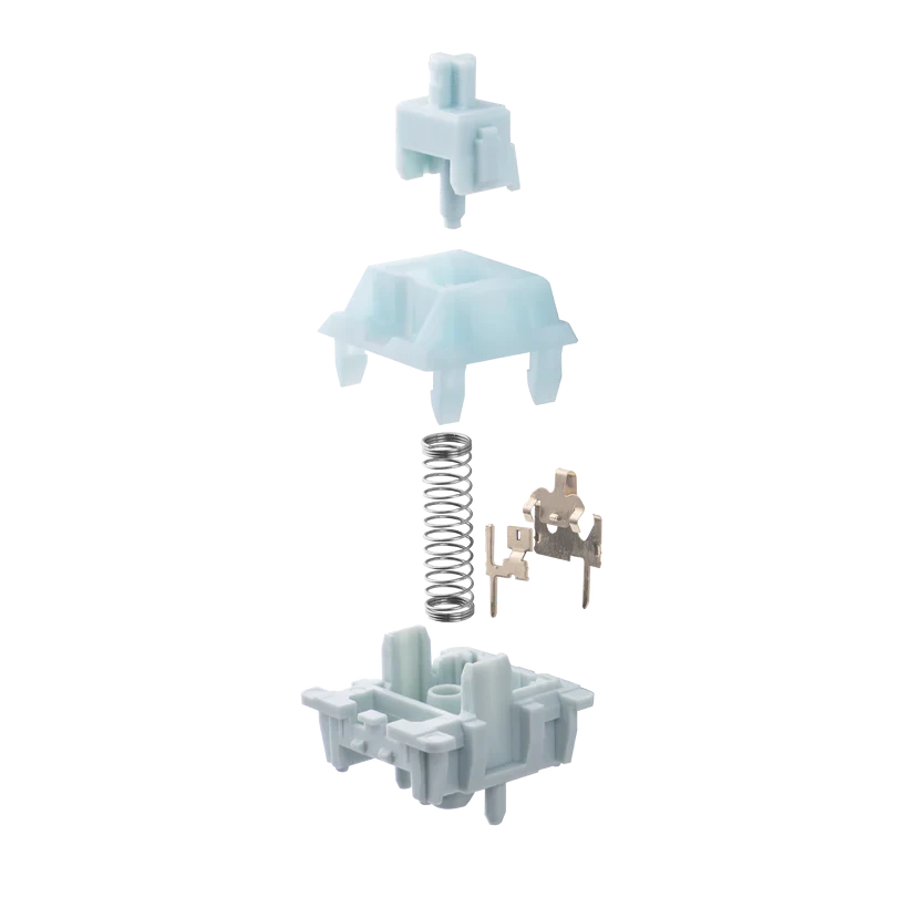 Vista despiezada de los switches lineales MyKeyboard EPOMAKER Creamy Jade con componentes en color azul claro
