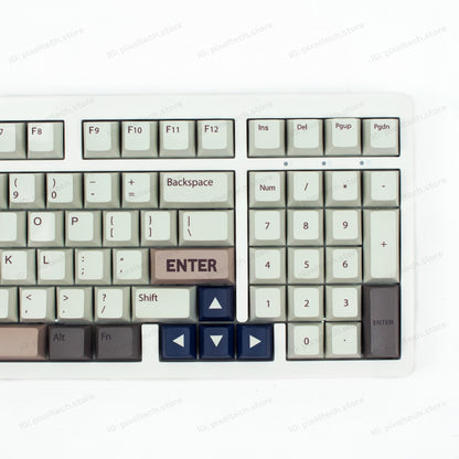 Teclado mecánico MyKeyboard EPOMAKER EK98 con teclas PBT en tonos gris, marrón y azul, formato compacto 96%.
