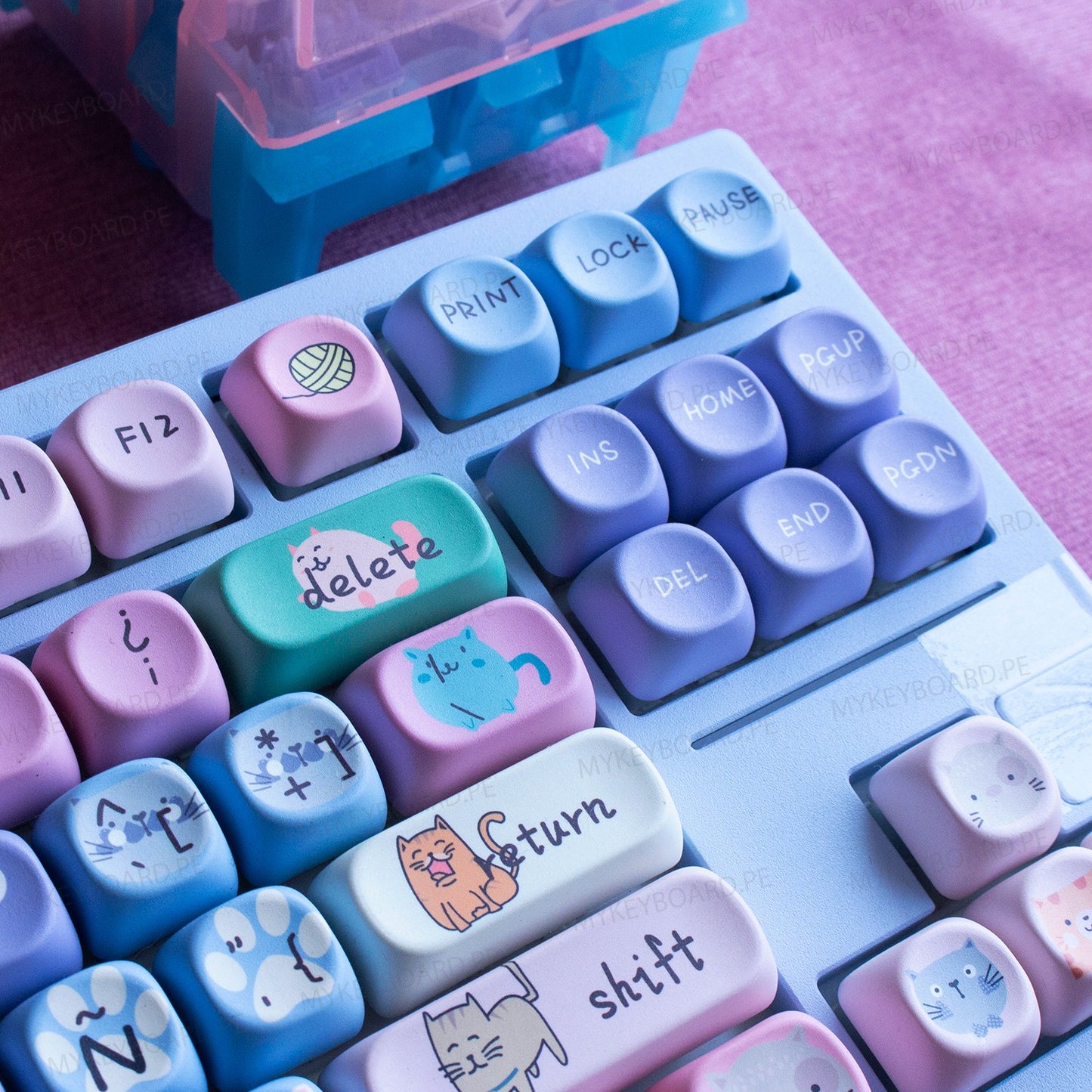 Teclado mecánico MyKeyboard Epomaker X Feker Galaxy80 TKL con teclas PBT personalizadas de gatos en tonos pastel