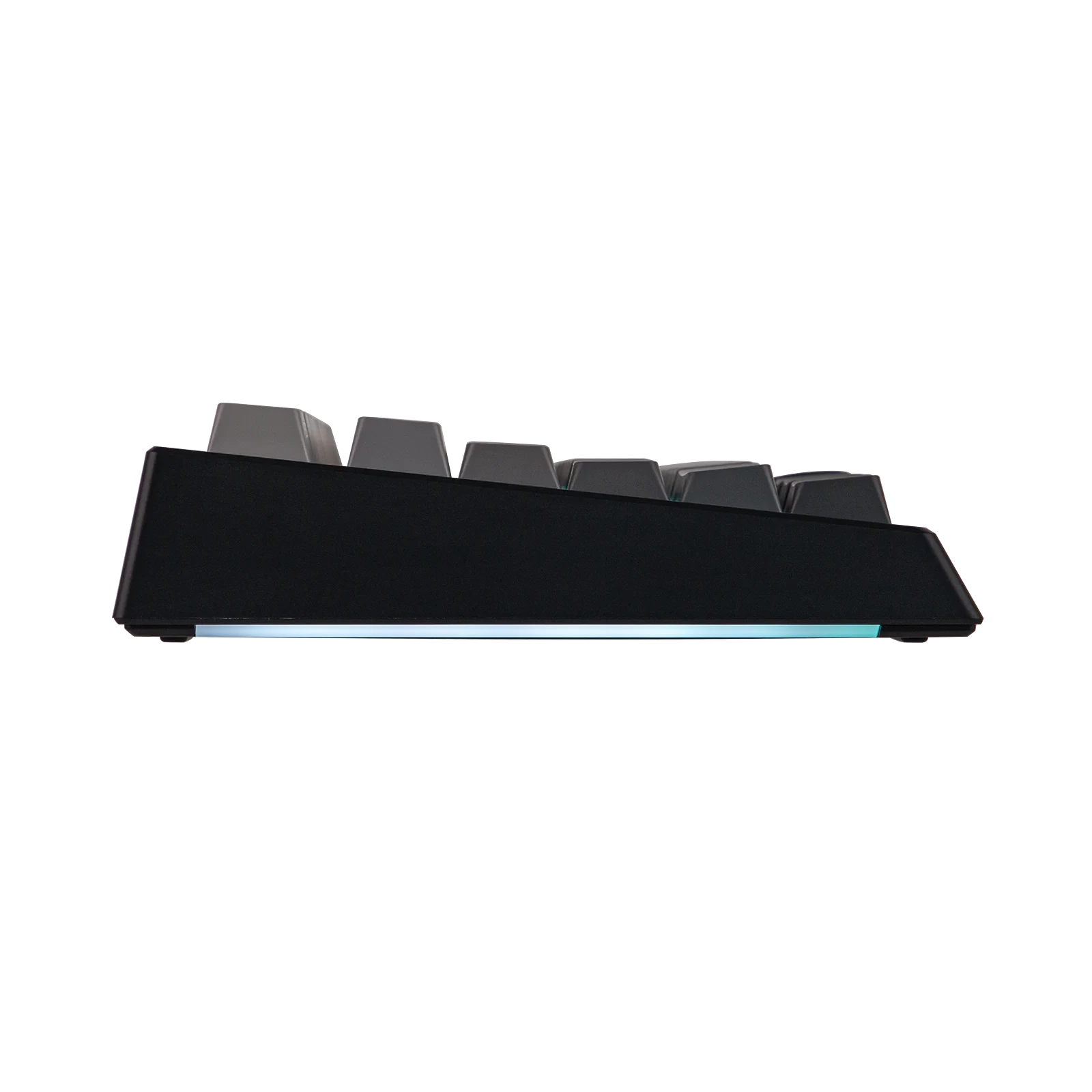 Perfil lateral del teclado mecánico MyKeyboard Epomaker G84 Pro con iluminación RGB inferior y teclas oscuras
