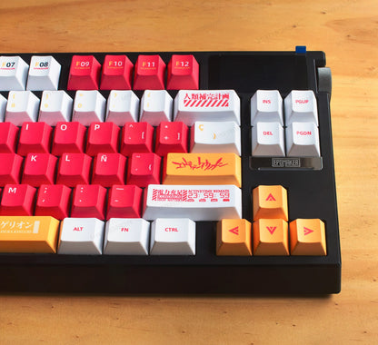 Teclado mecánico MyKeyboard Epomaker G84 Pro EVA-02 con teclas rojas, naranjas y blancas y pantalla LCD integrada