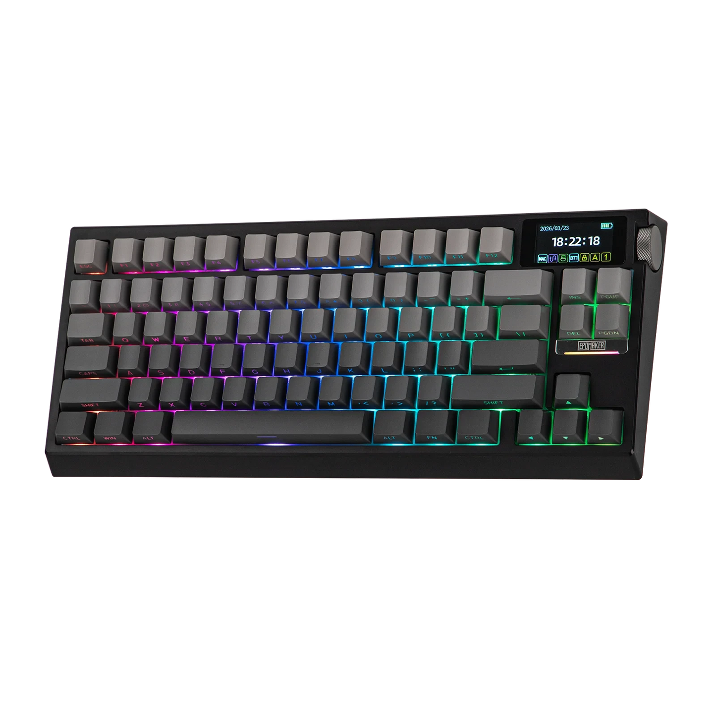 Teclado mecánico MyKeyboard Epomaker G84 Pro gris con pantalla inteligente, knob de aluminio e iluminación RGB.