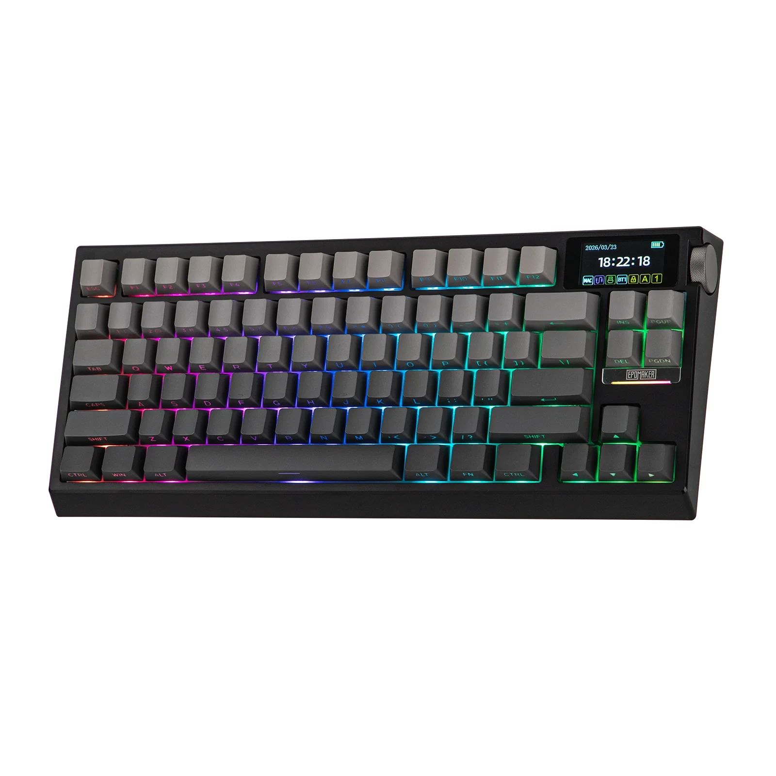 Teclado mecánico MyKeyboard Epomaker G84 Pro gris con pantalla inteligente, knob de aluminio e iluminación RGB.