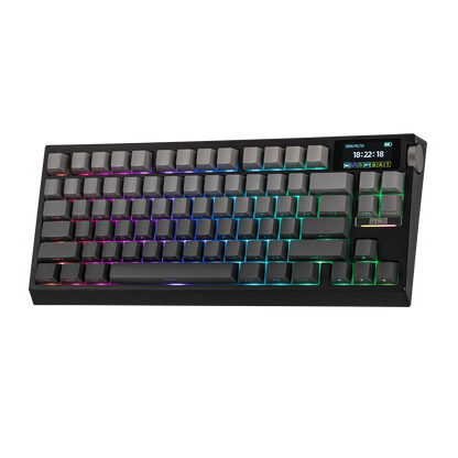 Teclado mecánico MyKeyboard Epomaker G84 Pro gris con pantalla inteligente, knob de aluminio e iluminación RGB.