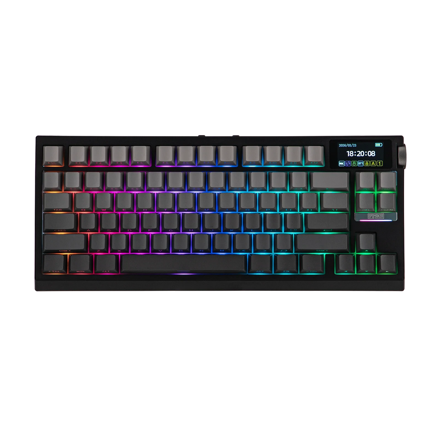 Teclado mecánico MyKeyboard Epomaker G84 Pro negro con teclas grises, iluminación RGB y pantalla inteligente integrada.
