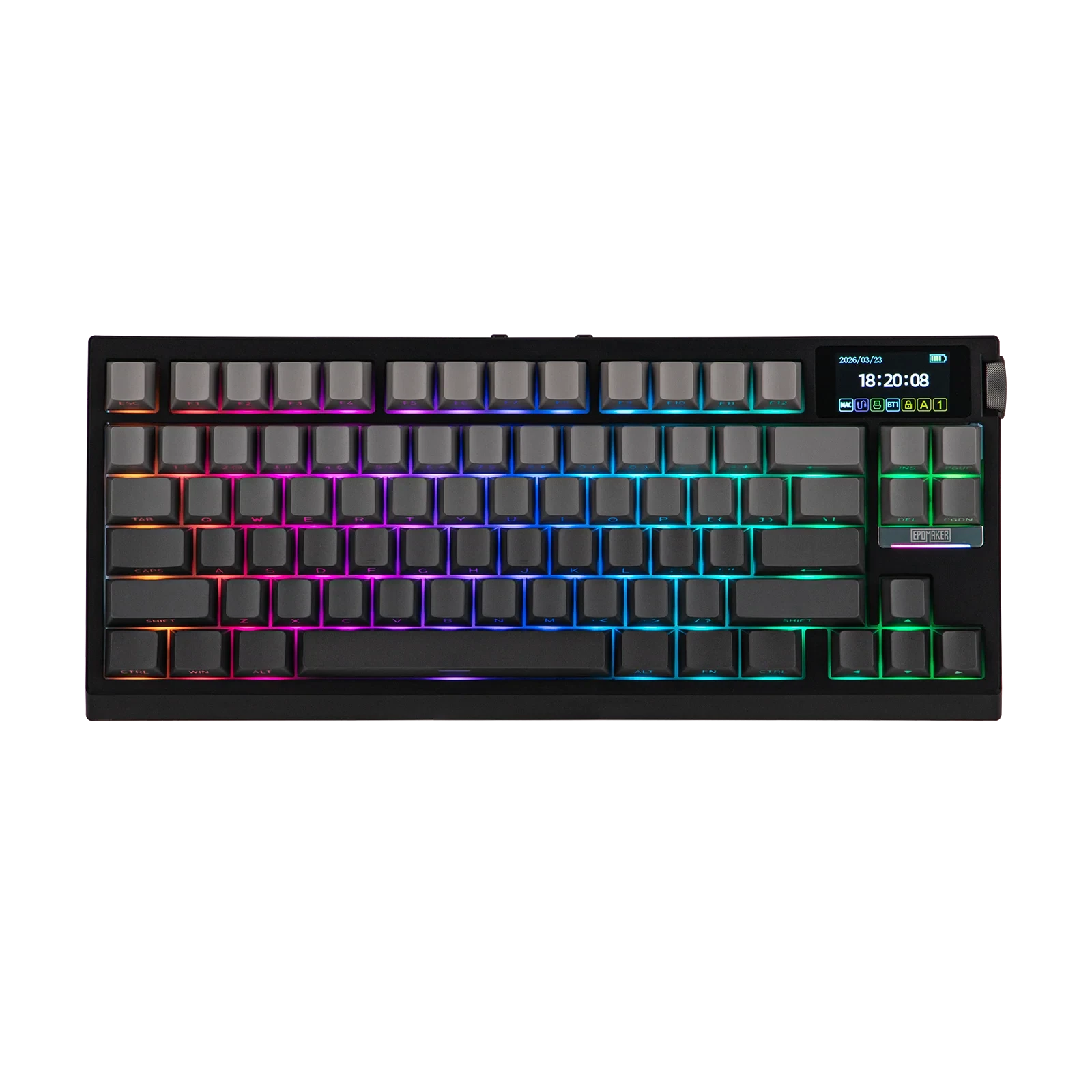 Teclado mecánico MyKeyboard Epomaker G84 Pro negro con teclas grises, iluminación RGB y pantalla inteligente integrada.
