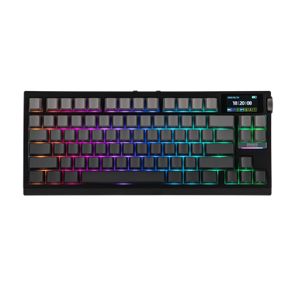 Teclado mecánico MyKeyboard Epomaker G84 Pro negro con teclas grises, iluminación RGB y pantalla inteligente integrada.