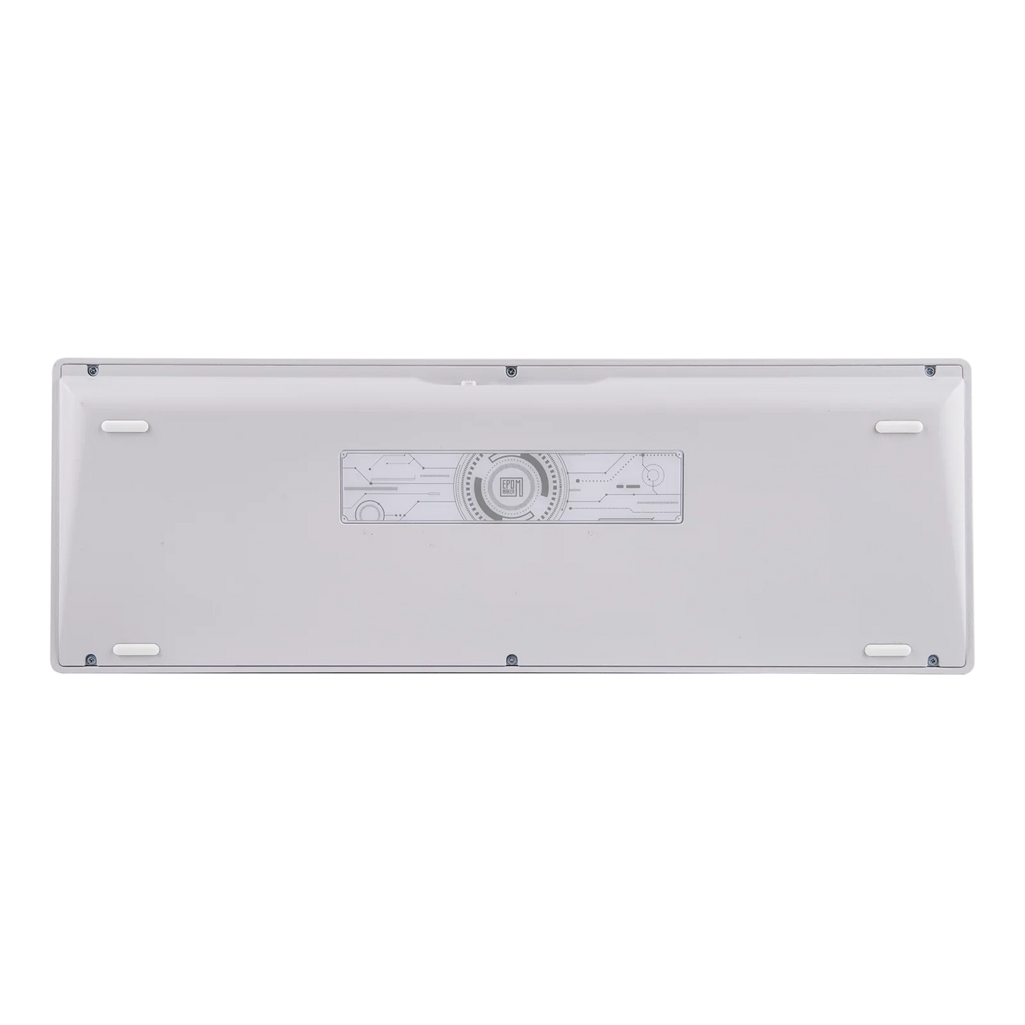Parte inferior del teclado mecánico MyKeyboard EPOMAKER Galaxy 100 en color blanco con diseño técnico grabado