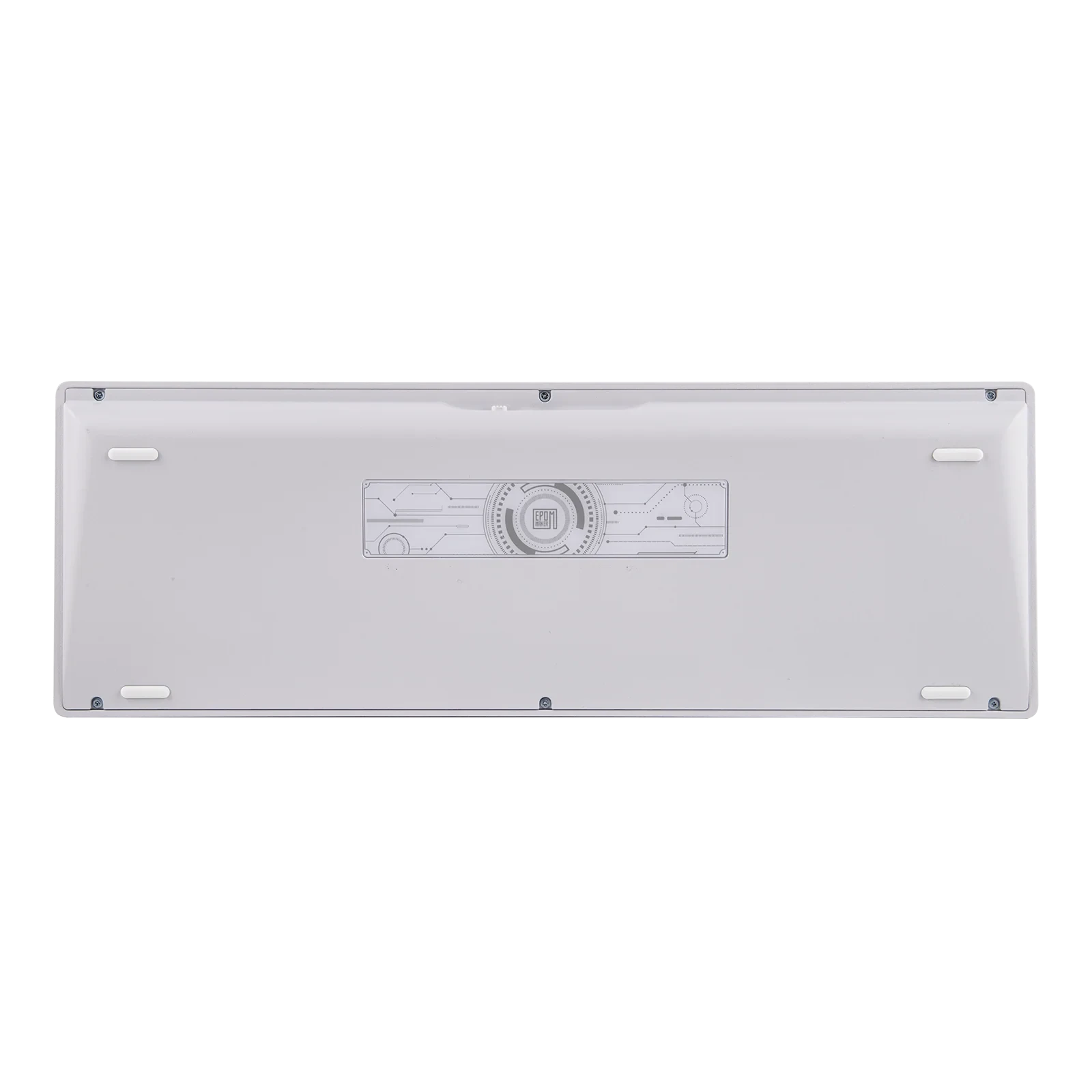 Parte inferior del teclado mecánico MyKeyboard EPOMAKER Galaxy 100 en color blanco con diseño técnico grabado
