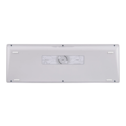 Parte inferior del teclado mecánico MyKeyboard EPOMAKER Galaxy 100 en color blanco con diseño técnico grabado