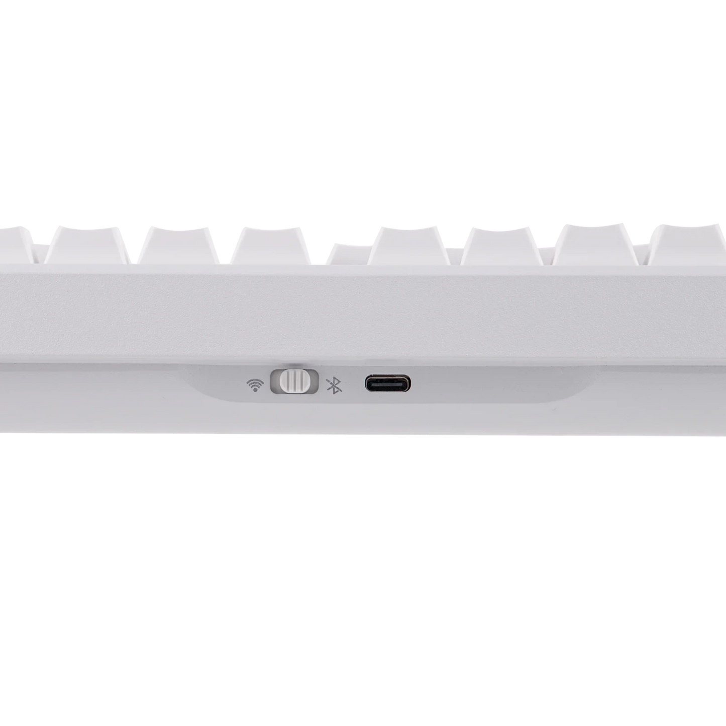 Interruptor de conectividad y puerto USB-C en la parte trasera del teclado mecánico MyKeyboard EPOMAKER Galaxy 100 blanco