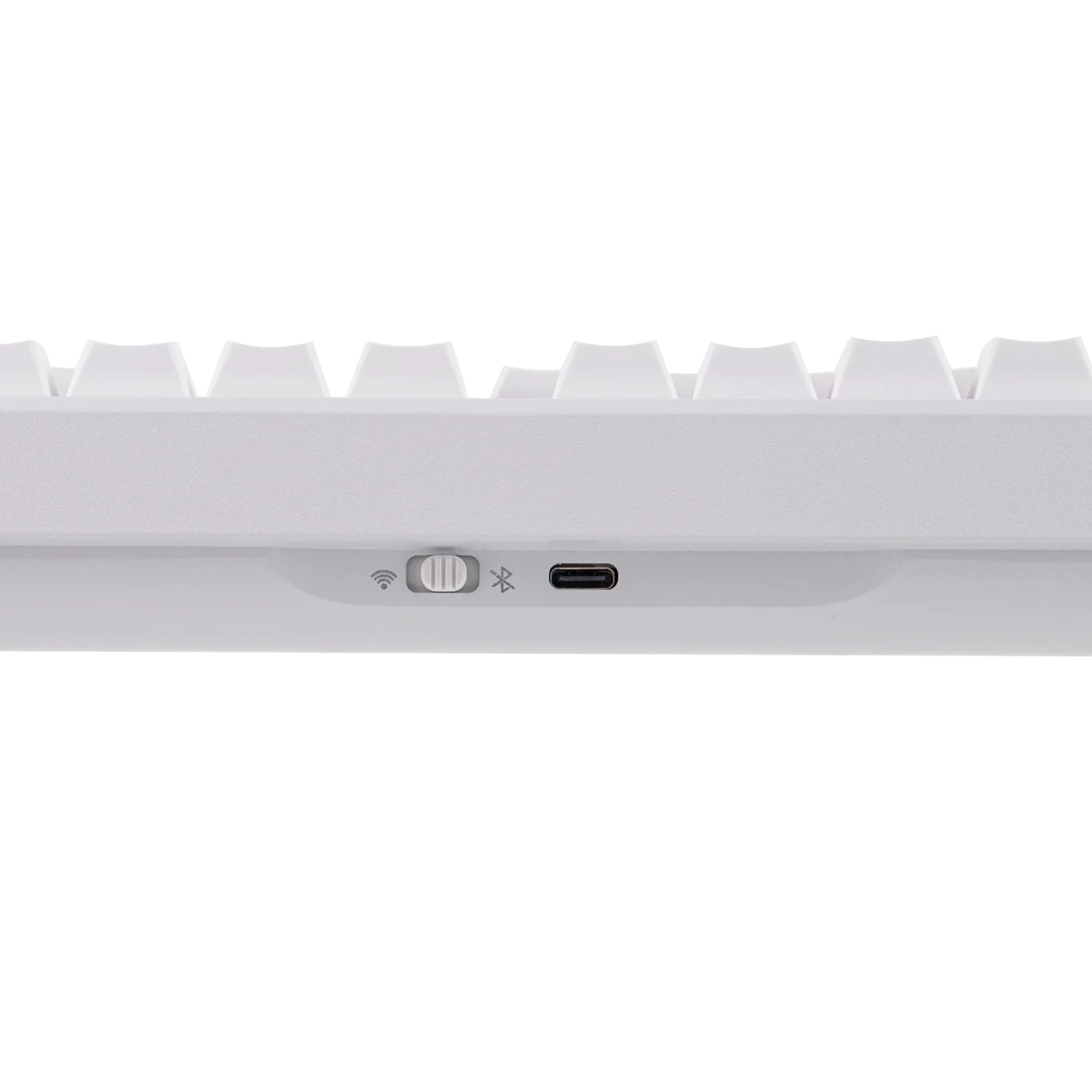 Interruptor de conectividad y puerto USB-C en la parte trasera del teclado mecánico MyKeyboard EPOMAKER Galaxy 100 blanco