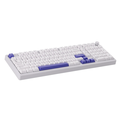 Teclado mecánico MyKeyboard EPOMAKER Galaxy 100 blanco con teclas PBT, diseño 1800 y detalles en color morado