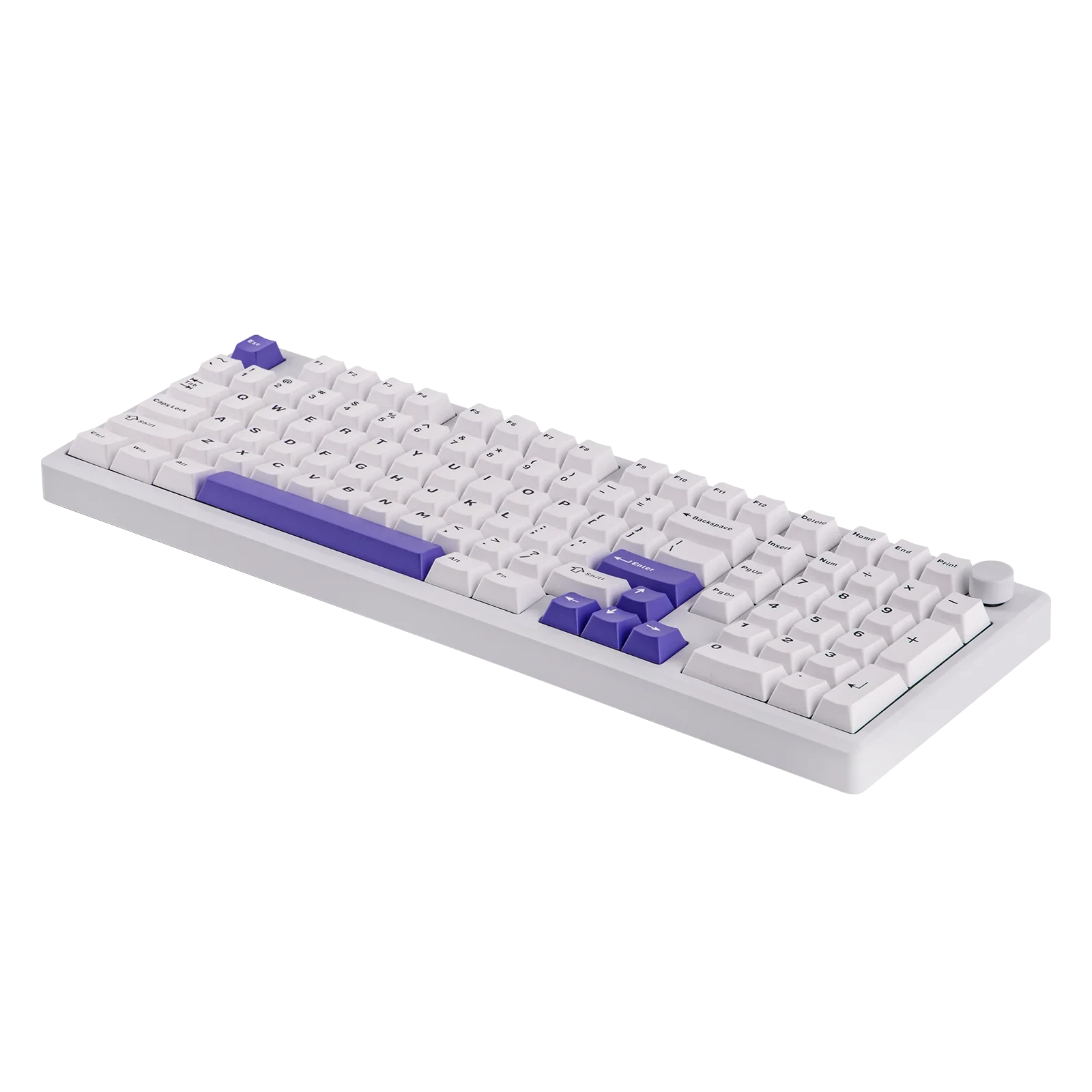 Teclado mecánico MyKeyboard EPOMAKER Galaxy 100 blanco con teclas PBT, acentos morados y knob metálico sobre fondo negro