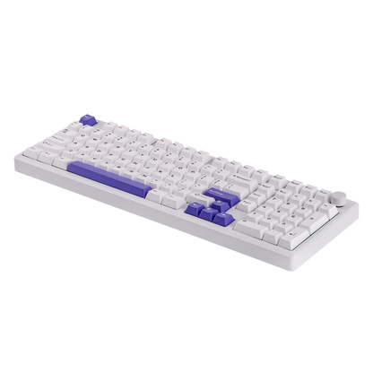 Teclado mecánico MyKeyboard EPOMAKER Galaxy 100 blanco con teclas PBT, acentos morados y knob metálico sobre fondo negro