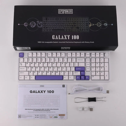 Teclado mecánico MyKeyboard EPOMAKER Galaxy 100 blanco con teclas PBT, knob metálico y accesorios en su caja original