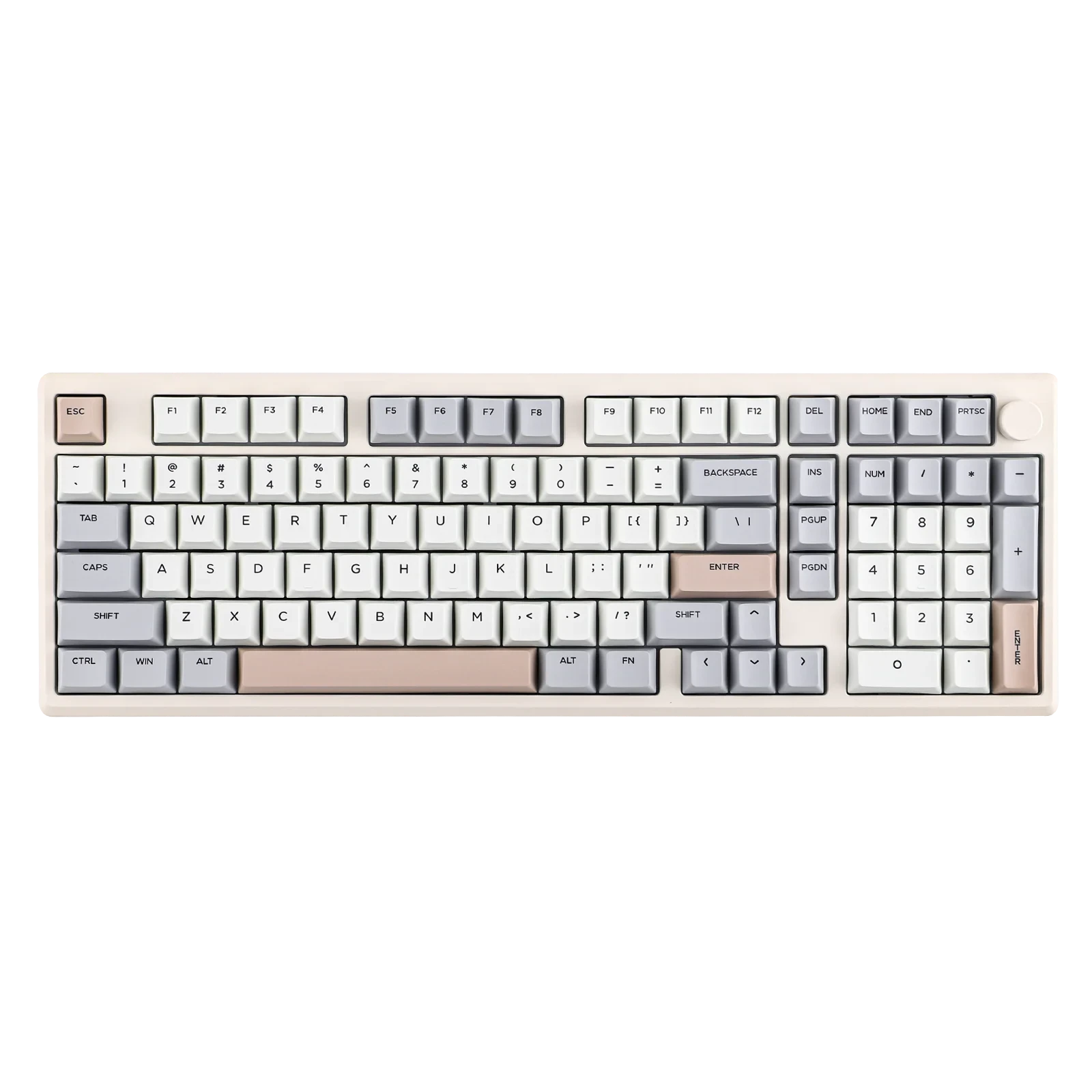 Teclado mecánico MyKeyboard Epomaker Galaxy 100 con cuerpo de aluminio, teclas PBT en tonos beige y gris con knob.