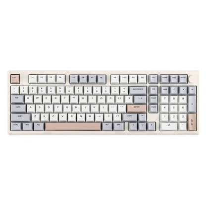 Teclado mecánico MyKeyboard Epomaker Galaxy 100 con cuerpo de aluminio, teclas PBT en tonos beige y gris con knob.