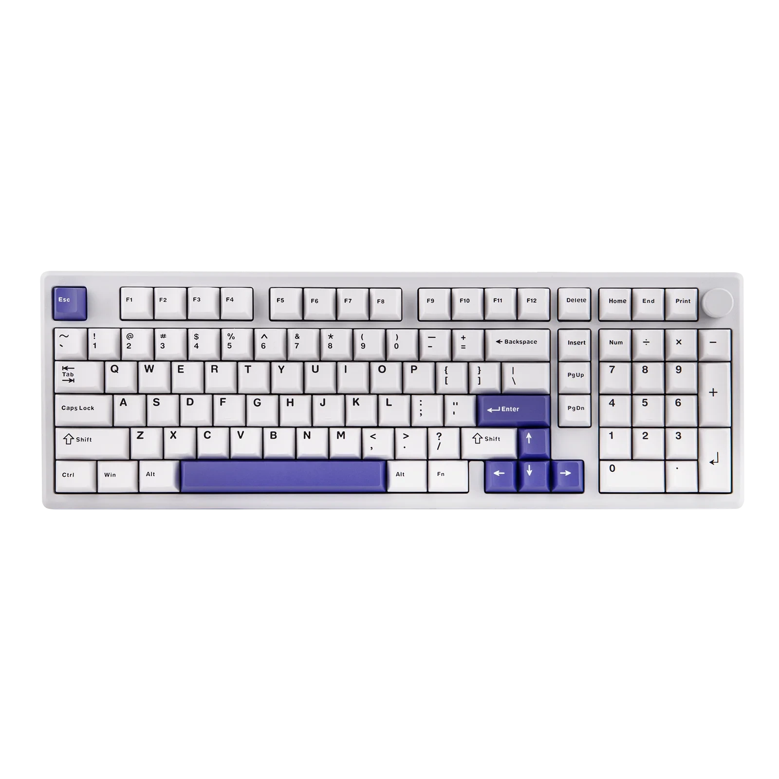 Teclado mecánico MyKeyboard EPOMAKER Galaxy 100 blanco con teclas PBT, knob metálico y detalles en color morado.