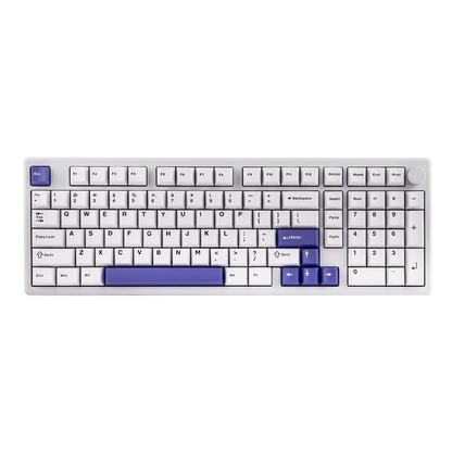 Teclado mecánico MyKeyboard EPOMAKER Galaxy 100 blanco con teclas PBT, knob metálico y detalles en color morado.