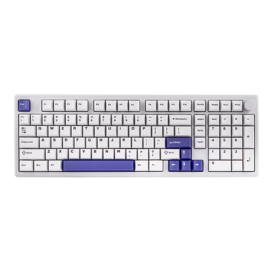 Teclado mecánico MyKeyboard EPOMAKER Galaxy 100 blanco con teclas PBT, knob metálico y detalles en color morado.