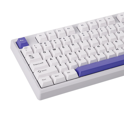 Teclado mecánico MyKeyboard EPOMAKER Galaxy 100 blanco con teclas PBT y detalles en morado, diseño compacto y elegante