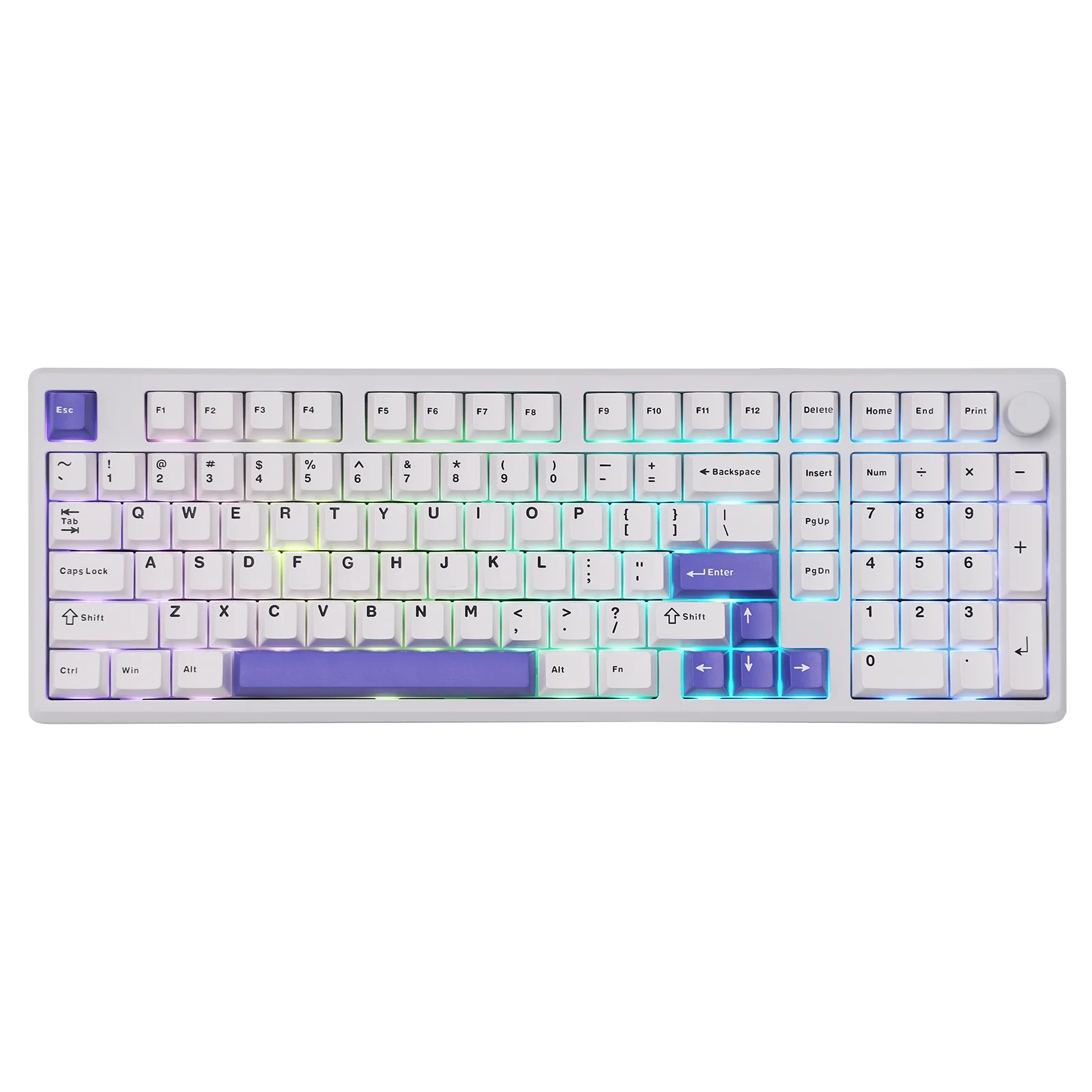 Teclado mecánico MyKeyboard EPOMAKER Galaxy 100 blanco con teclas PBT, iluminación RGB y knob metálico