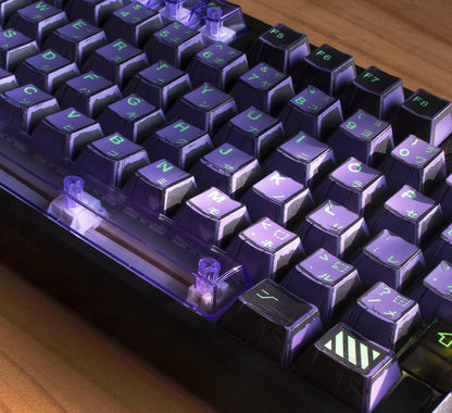 Teclado mecánico MyKeyboard EPOMAKER Galaxy100 EVA01 con teclas estilo manga en tonos morados y acentos verde neón
