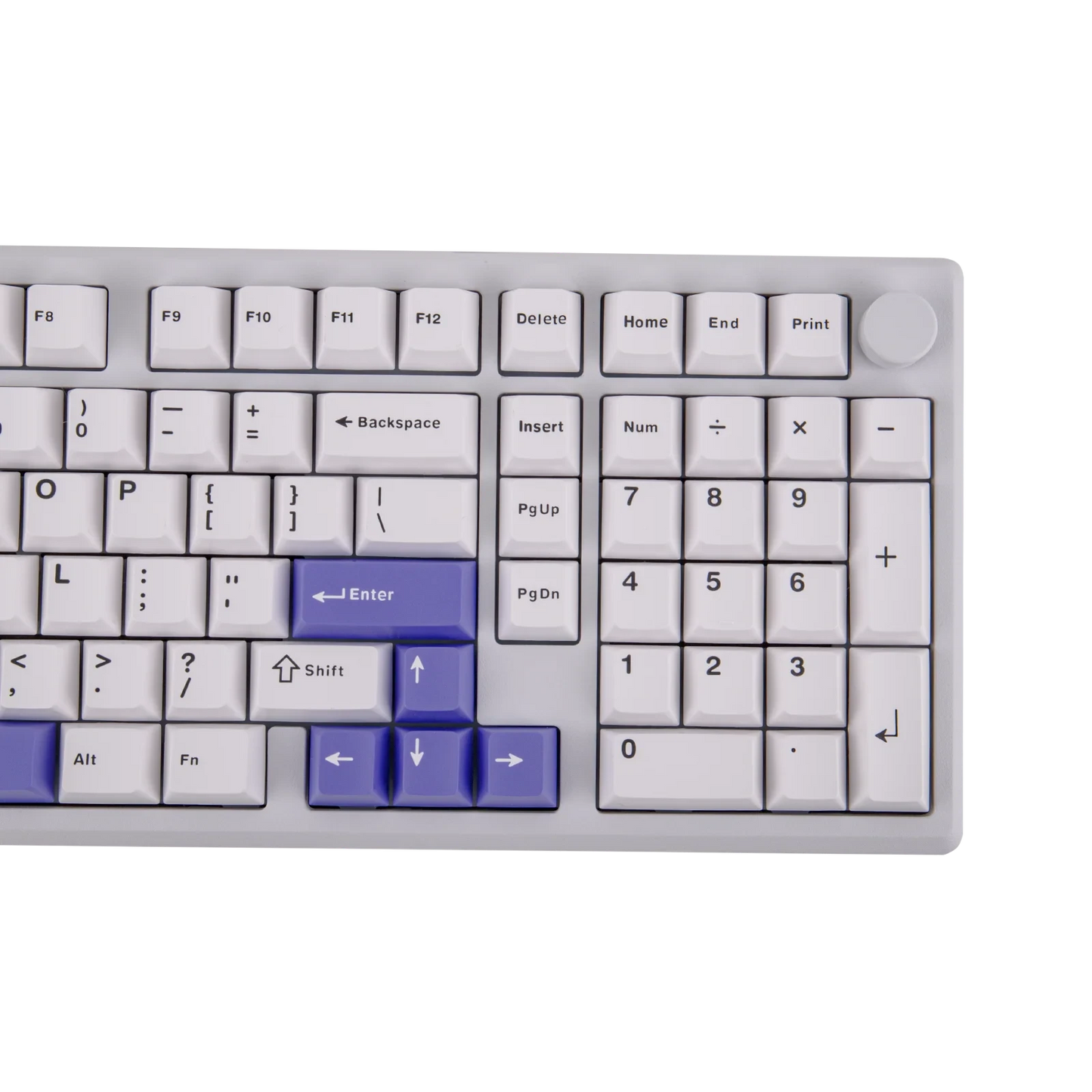 Teclado mecánico MyKeyboard Epomaker Galaxy100 con teclas PBT blancas y moradas, diseño 1800 y knob metálico