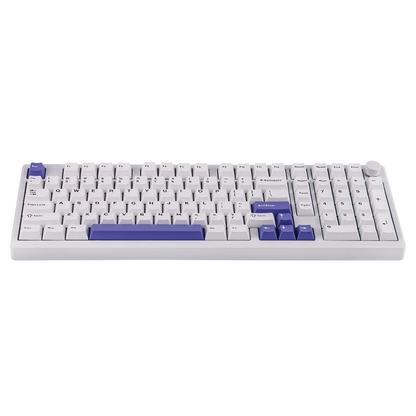 Teclado mecánico MyKeyboard Epomaker Galaxy100 con cuerpo de aluminio, teclas PBT blancas y detalles en color morado