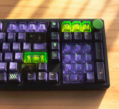Teclado mecánico MyKeyboard EPOMAKER Galaxy100 EVA01 con teclas translúcidas moradas y verdes estilo cyberpunk